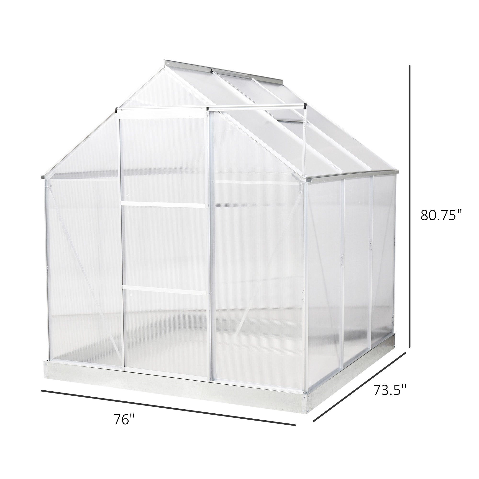 Outsunny 6' x 6' Polycarbonate Greenhouse with Aluminum Frame, Walk-in Garden Greenhouse Kit with Adjustable Roof Vent, Rain Gutter and Sliding Door for Winter, Silver