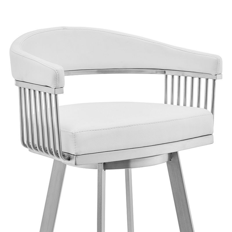 Swivel Barstool with Open Design Metal Frame and Slatted Arms， White and Silver