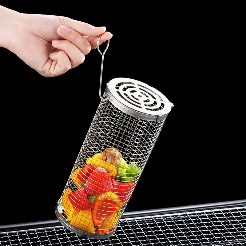 barbecue cooking wire mesh grill net roasting meat 304 stainless steel round outdoor bbq rolling grilling basket