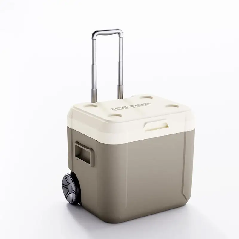 2023 Hot selling outdoor food grade material plastic portable table wheeled 52l cooler box with wheels and handle