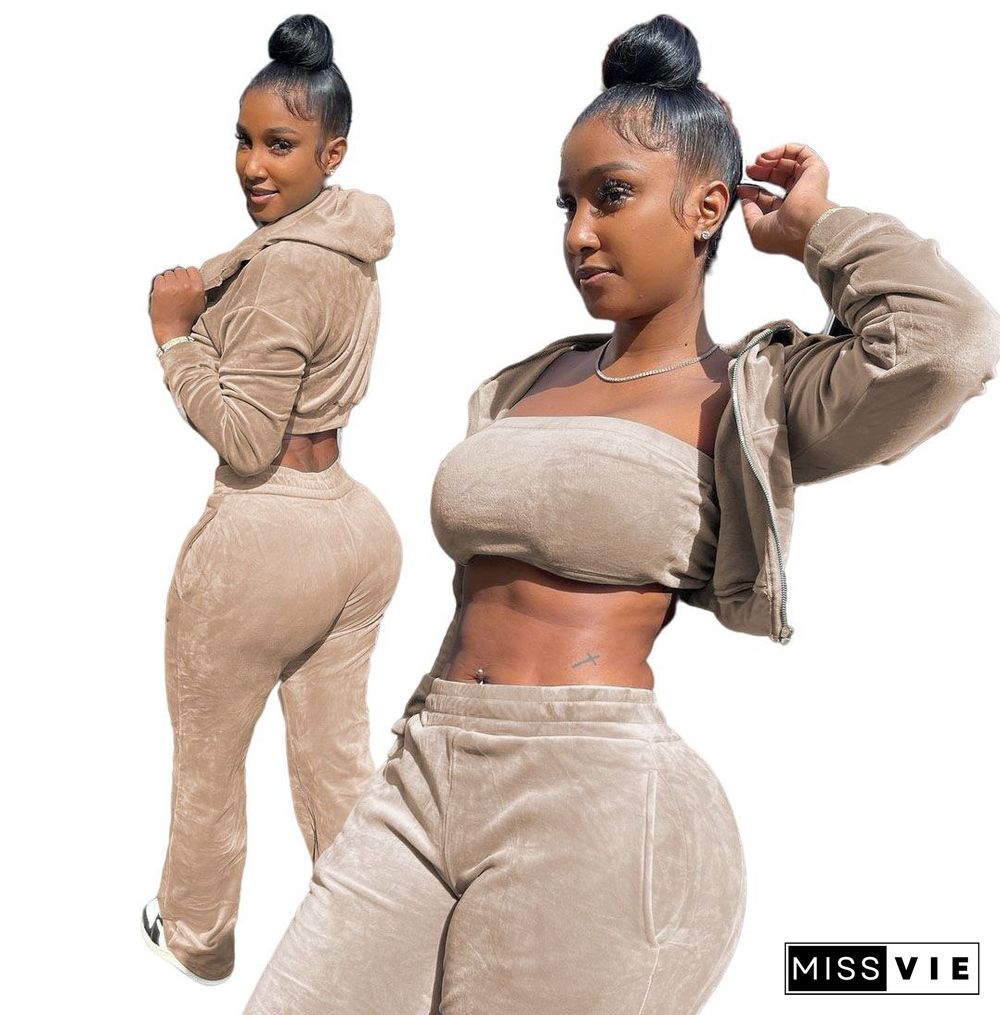 Velvet Zip Hooded Crop Top+Wrap Chest+Pants Set