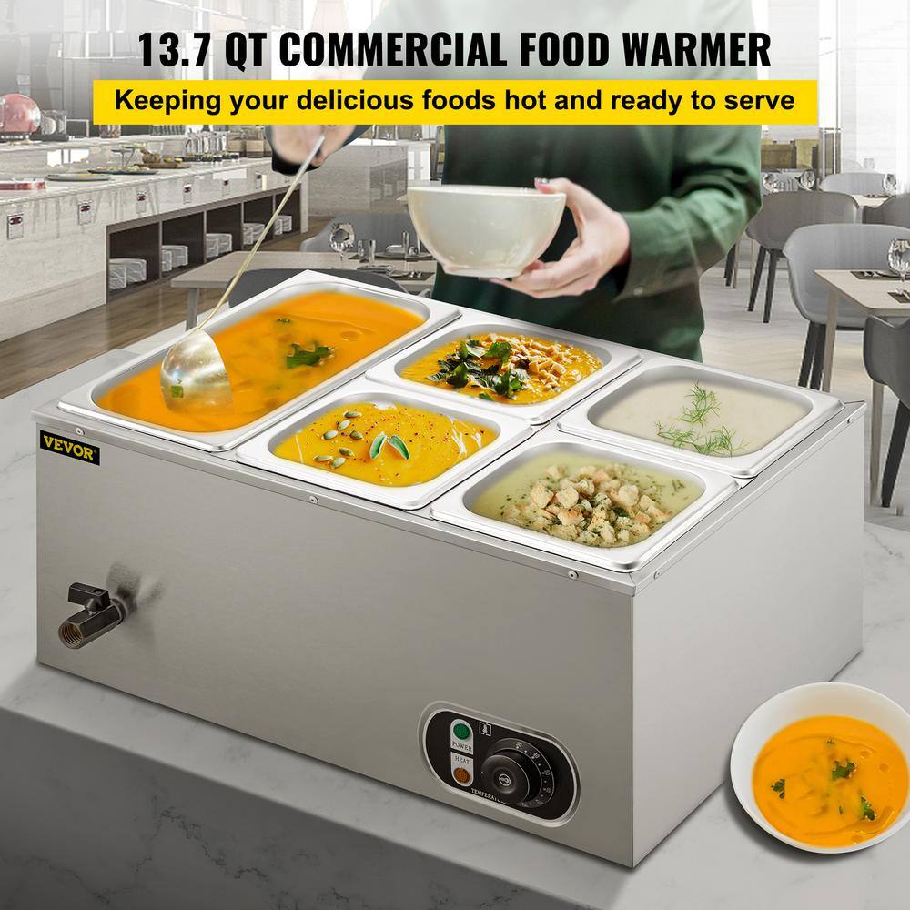 VEVOR 6 in. Deep Commercial Food Warmer 1 x 13GN and 4 x 16GN 5-Pan Stainless Steel Bain Marie Steam Table 13.7 Qt. 1500Watt PT5BM-63A110V30DUV1