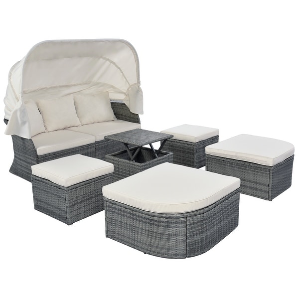 6Piece Outdoor Daybed Set with Retractable Canopy and Conversation Area