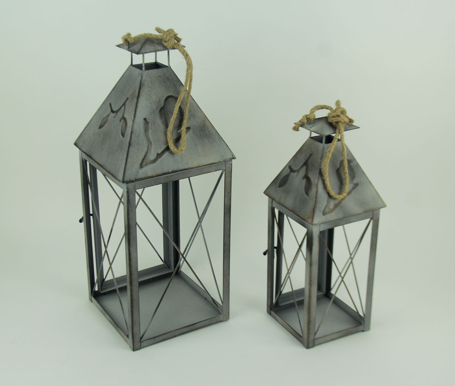 Zeckos Vintage Grey Metal Bird On Branch Square Candle Lantern Set of 2