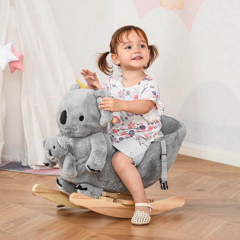 Qaba Kids Plush Ride On Rocking Horse Koala shaped Plush Toy Rocker with Gloved Doll Realistic Sounds for Child 18 36 Months Grey