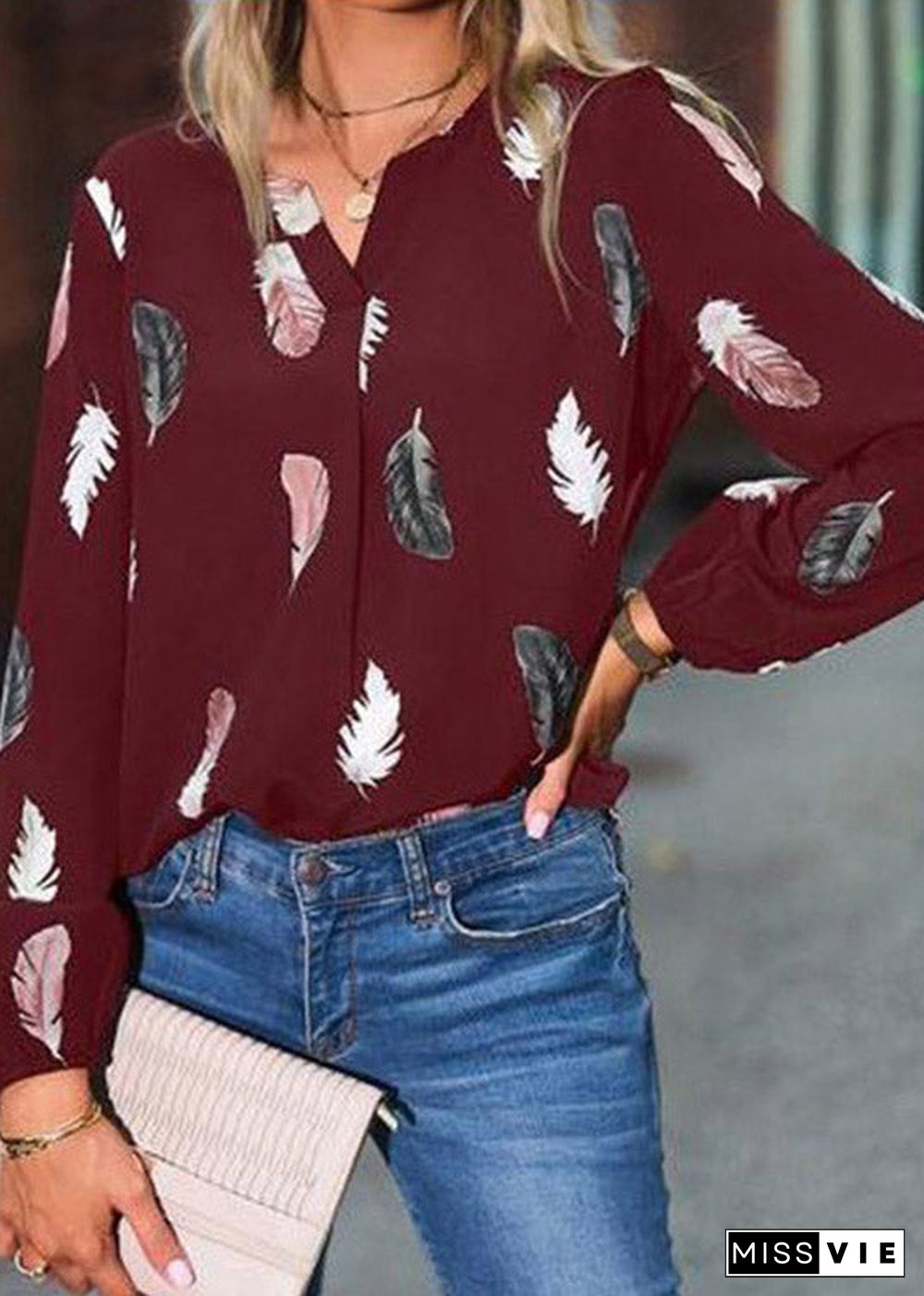 Fitted Mulberry V Neck Print Shirt Long Sleeve