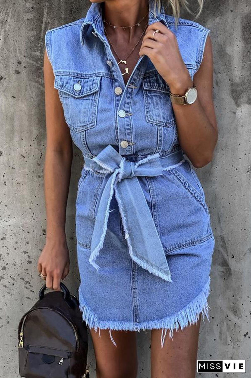 Denim Sleeveless Tie Waist Mini Dress P11252