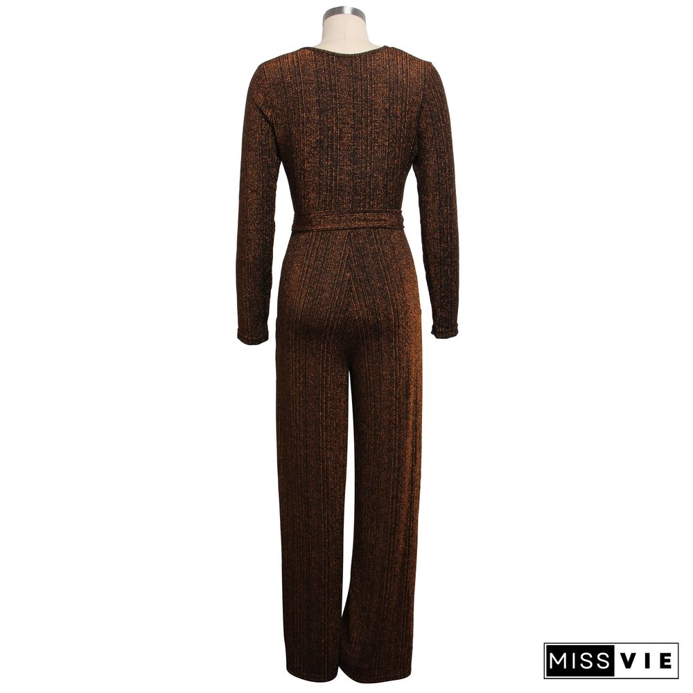 High Stretch Lurex V-neck Low-cut Wide-leg Jumpsuits