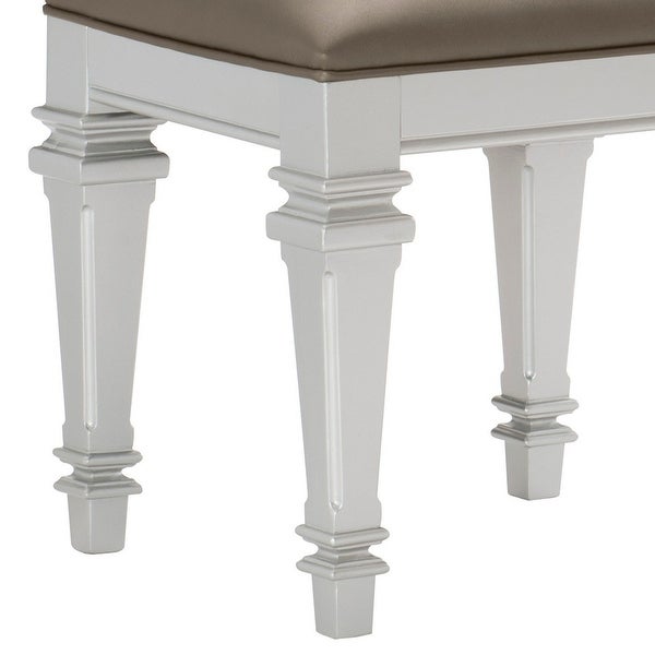 Leatherette Padded Vanity Stool with Tapered Legs and Molded Detail， Silver