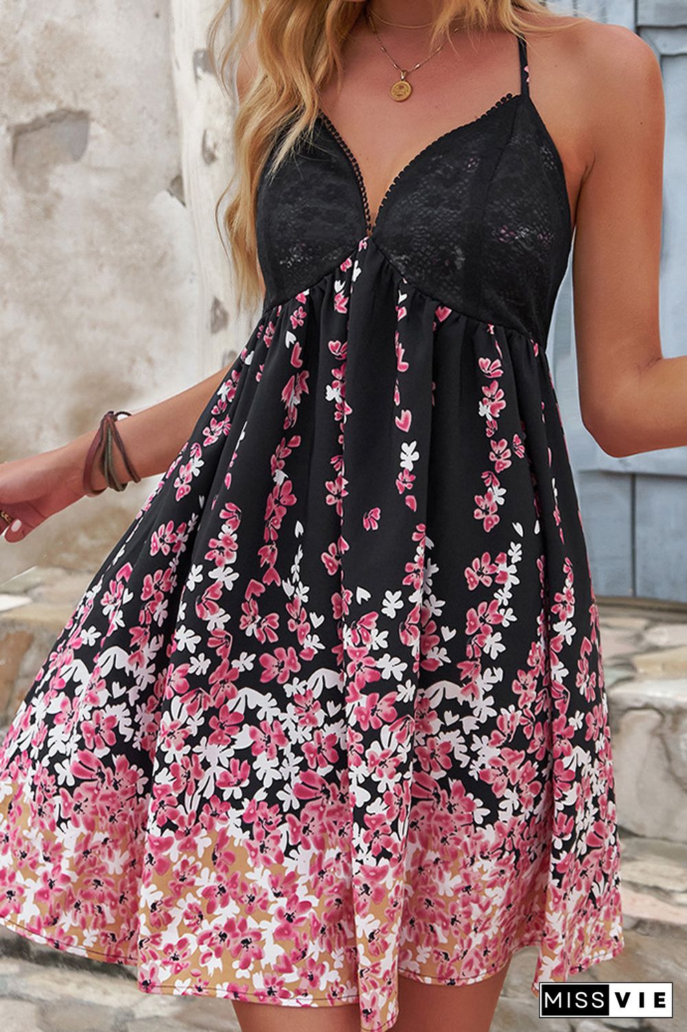 V Neck Lace Bust Backless Floral Dress