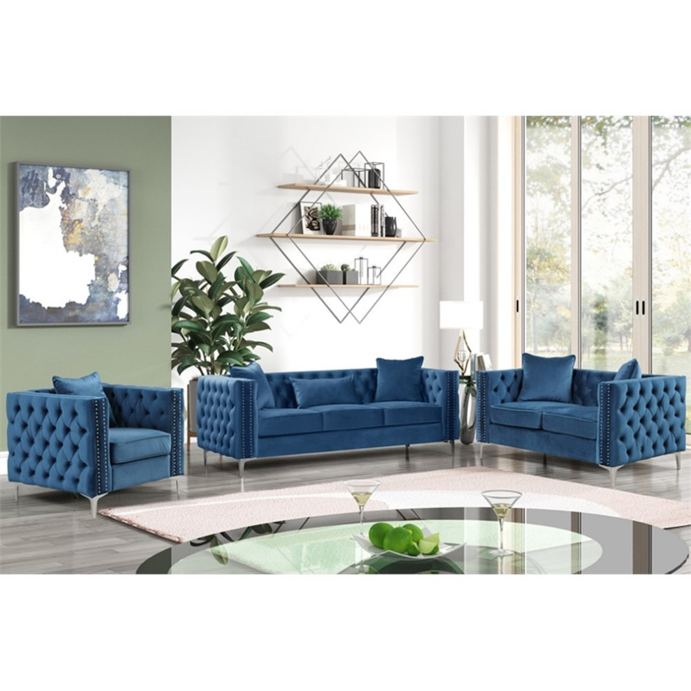 RN Furnishings 3 Piece Button Tufted Velvet Contemporary Sofa Set  Blue   Midcentury   Living Room Furniture Sets   by Homesquare  Houzz