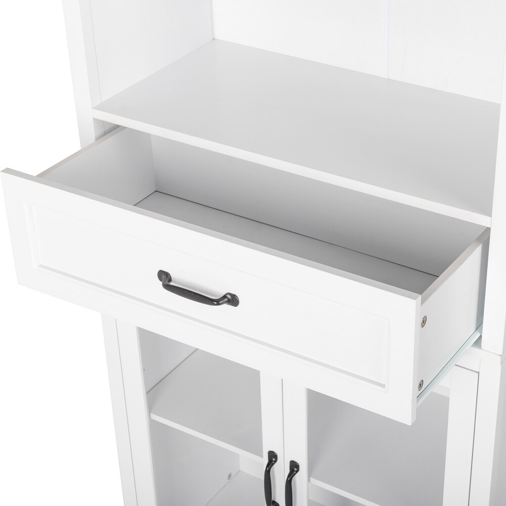 White Bookcase Storage Cabinet with Drawer  Glass Doors  Shelves