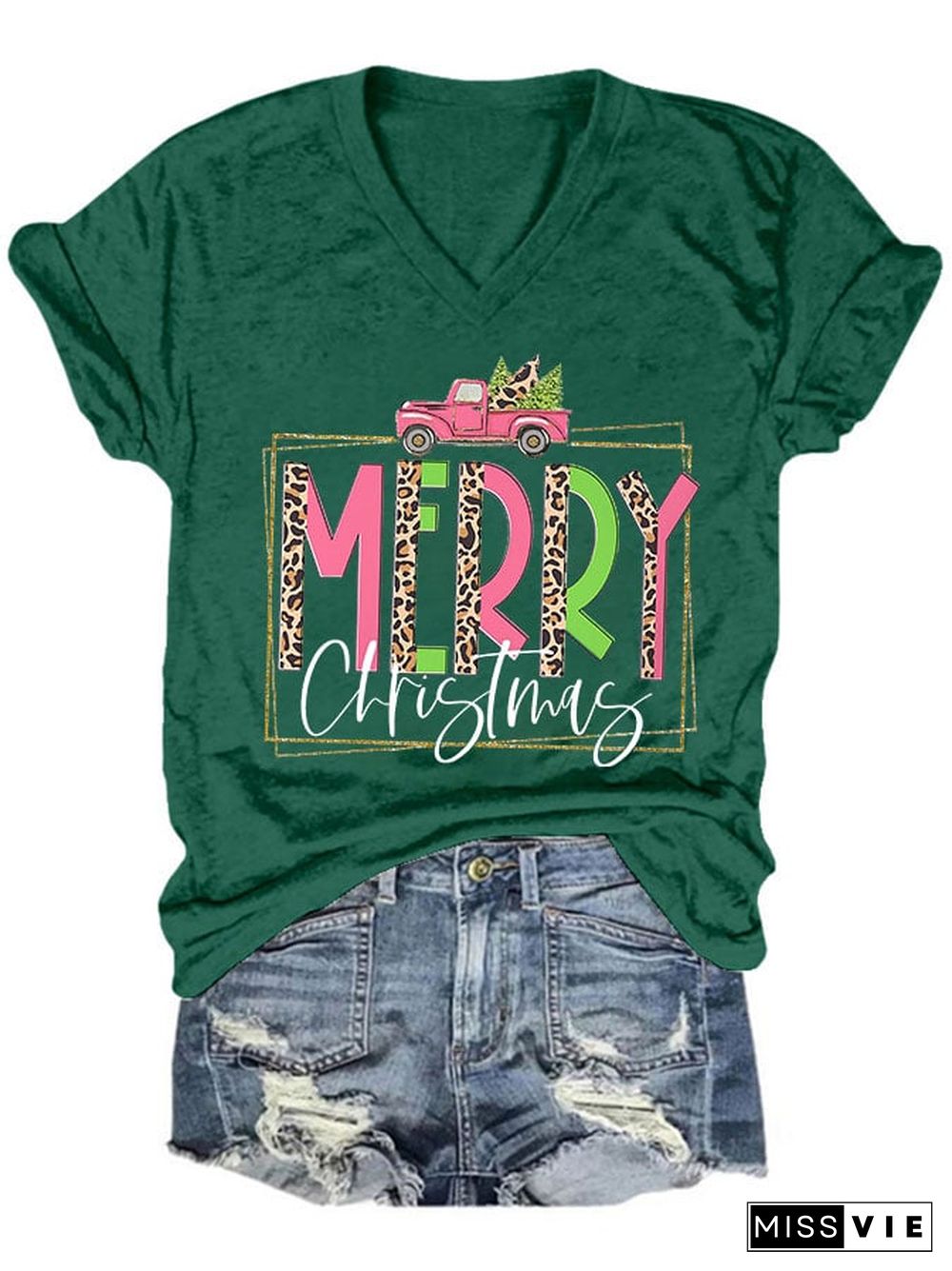 Women's Casual Merry Christmas Printed Short Sleeve T-Shirt