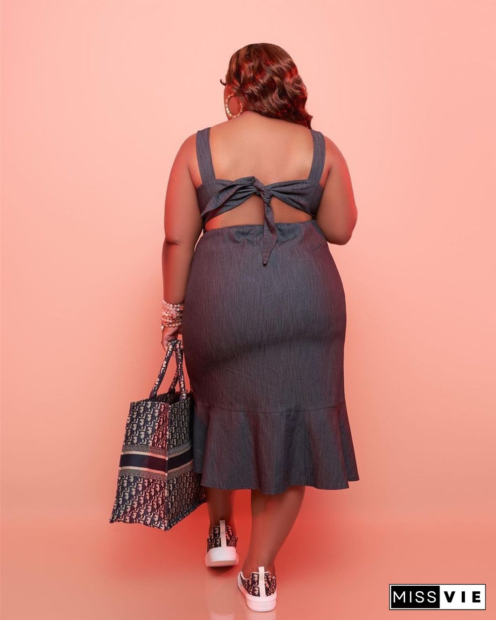 Plus Size Sleeveless Back Bow Single-breasted Dress