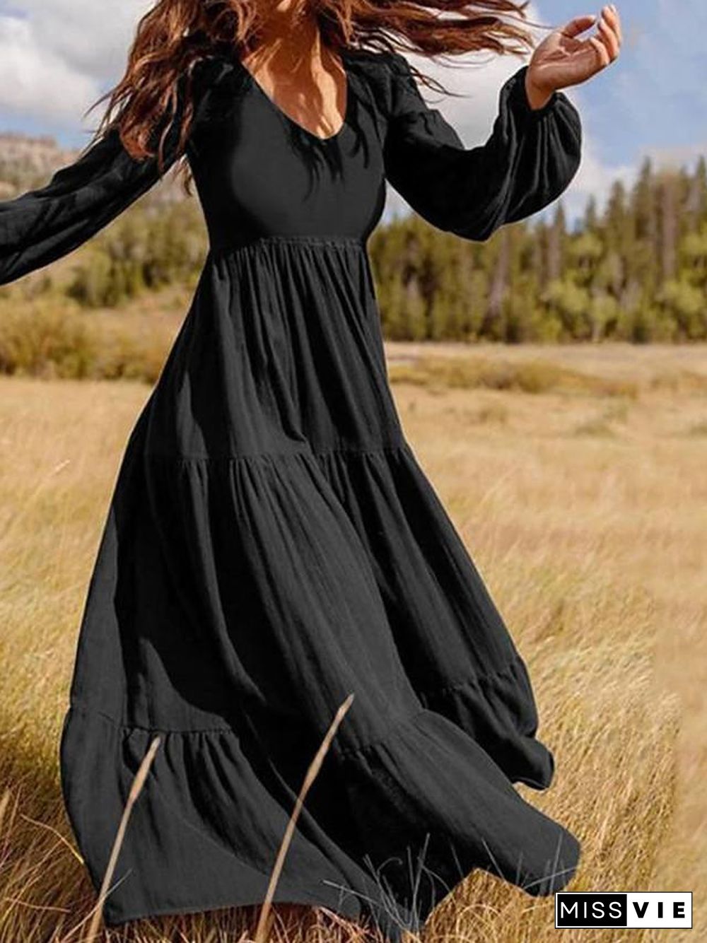 Women's Swing Dress Maxi Long Dress Long Sleeve Solid Color Patchwork Fall Casual Dress