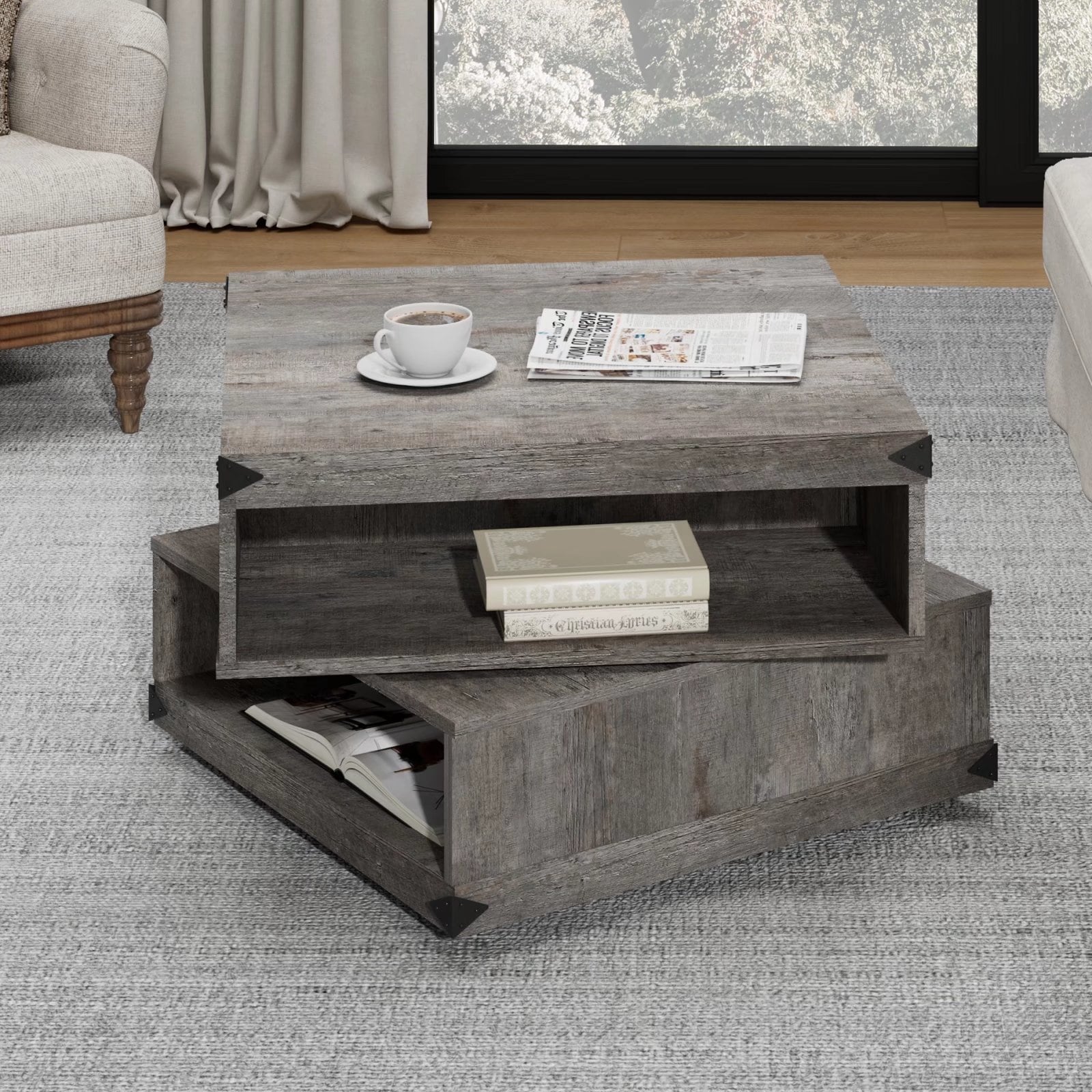 Rotating Coffee Table Accent Table， Square Center Table， 25.5 Inch