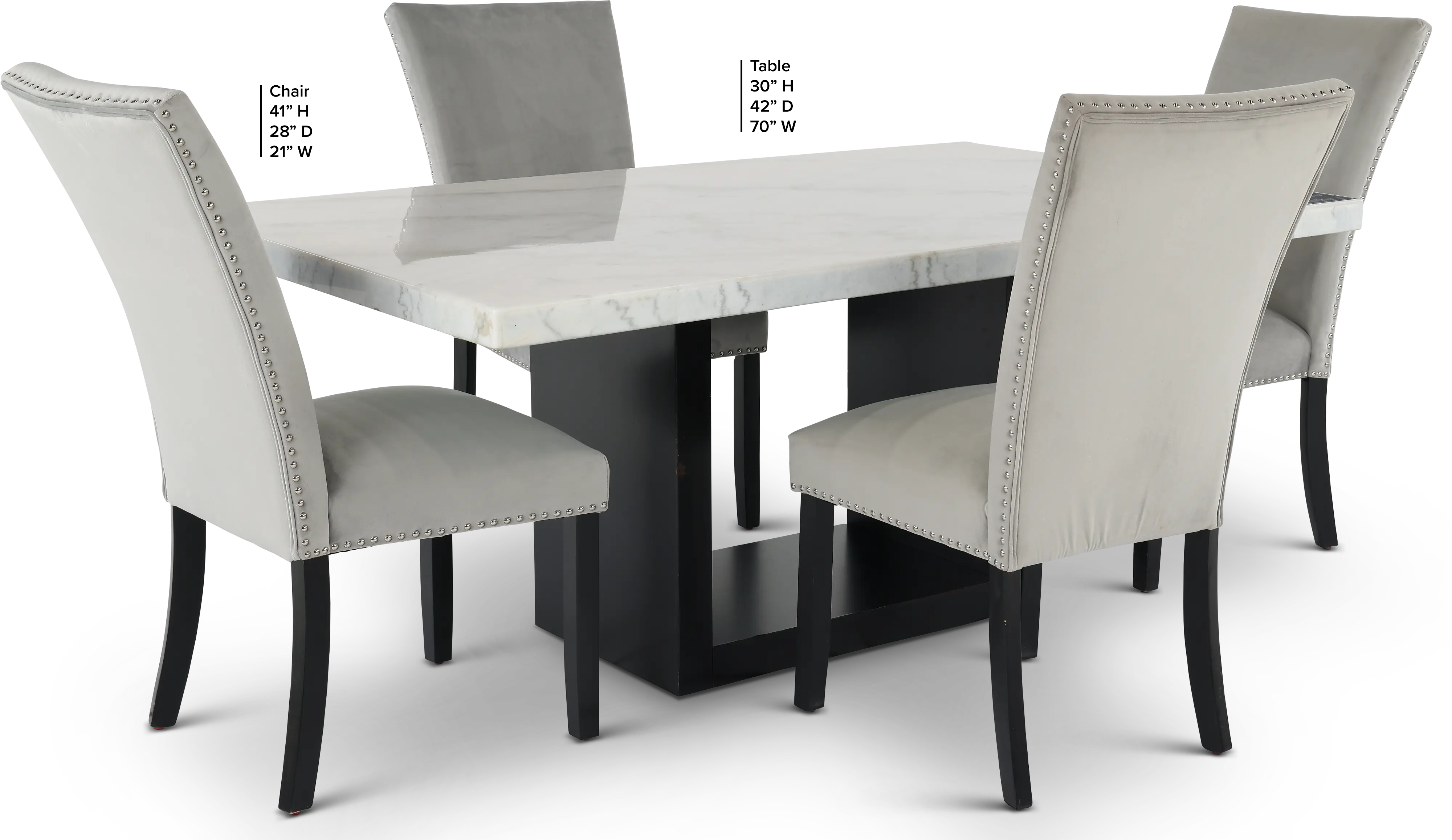 Valentino Marble 5 Piece Dining Room Set with Gray Velvet Chairs