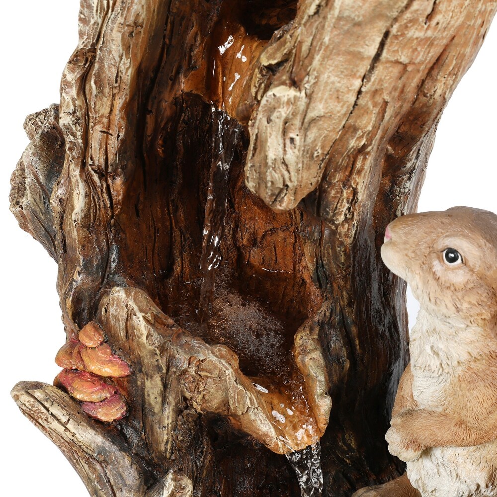 Resin Two Bunnies Tree Stump Outdoor Fountain with LED Lights