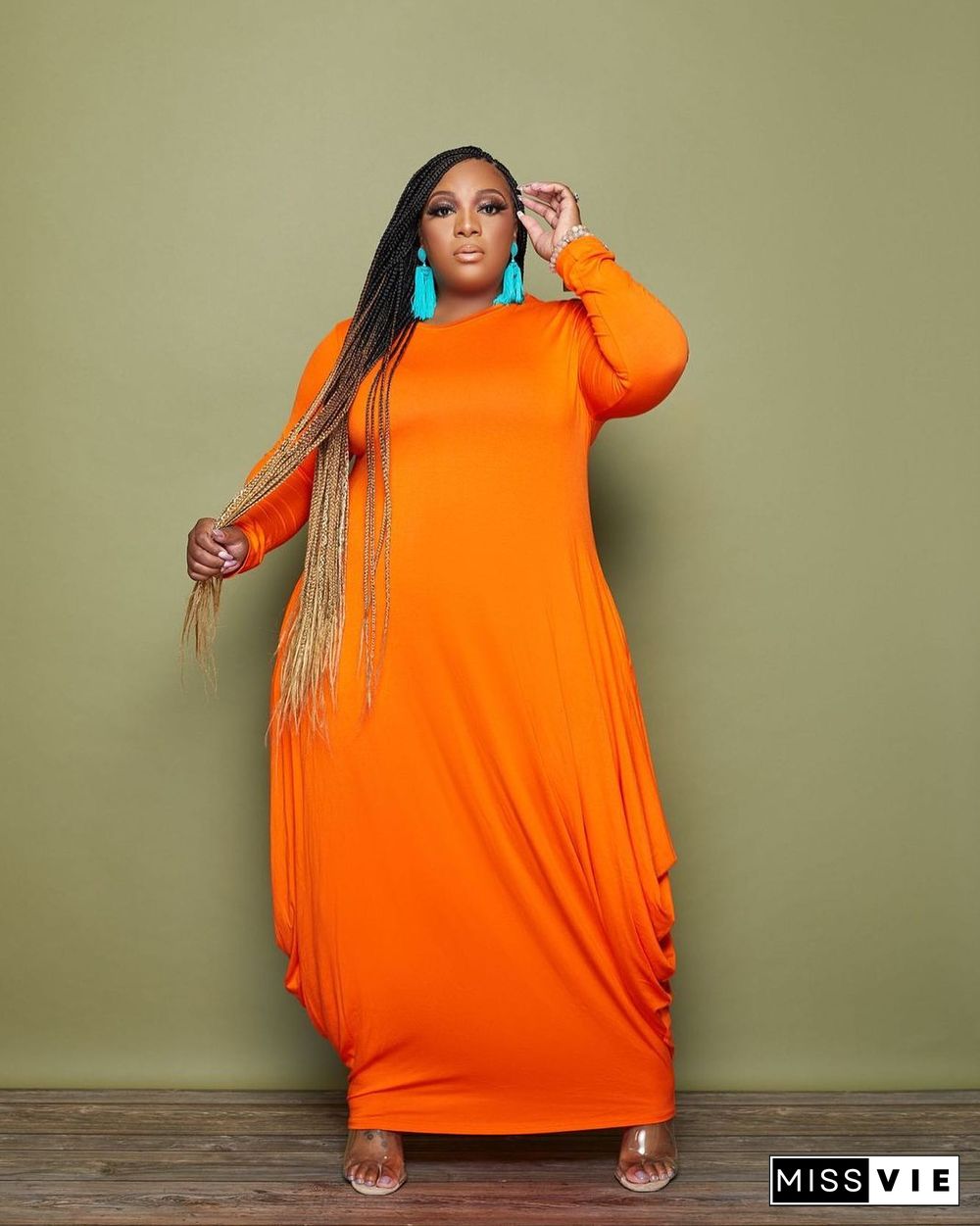 Solid Long Sleeve Irregular Plus Size Maxi Dress