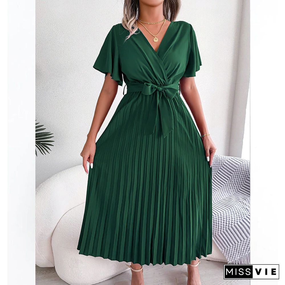 Elegant Fashion Pleated Dress For Women Summer Dresses New Cross V-Neck Lace-up Short Sleeve Solid Swing Maxi Dress