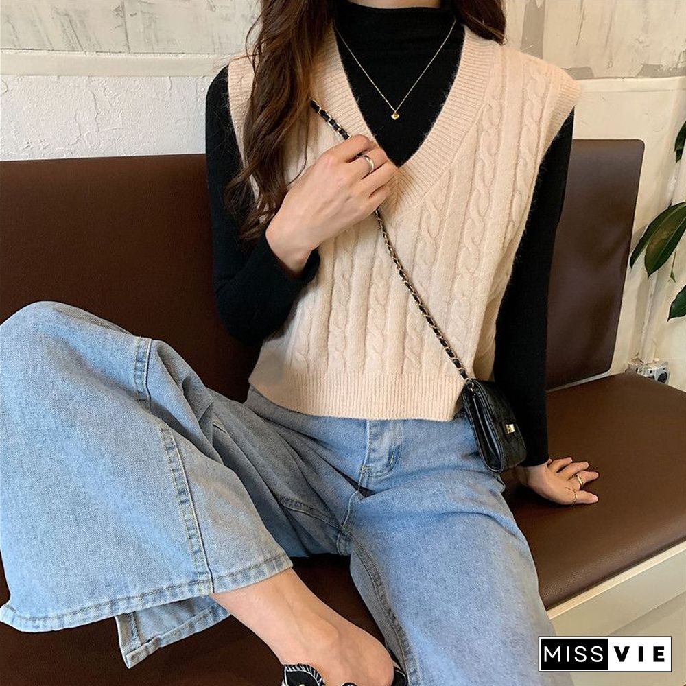 Oversized Cable Knit V Neck Knitted Tank Top Sweater