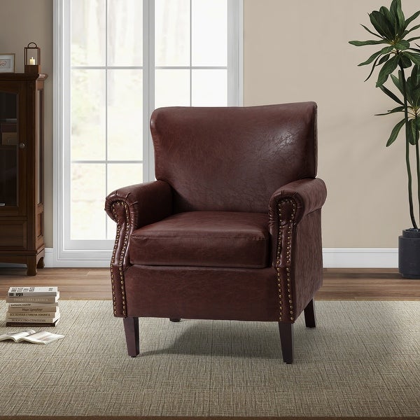 Levi Transitional Leather Armchair with Nailhead Trim Rolled Arms by HULALA HOME