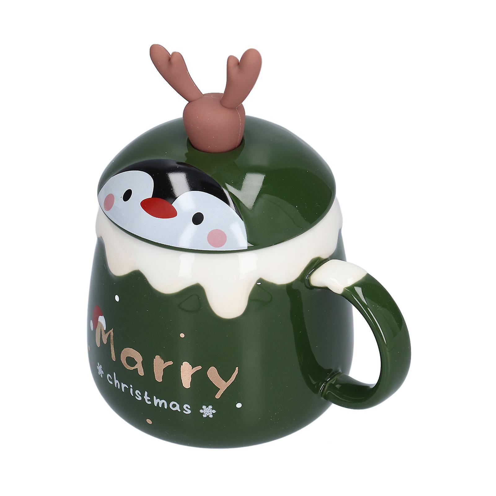 450ml Christmas Cup Cute Elk Coffee Mug Ceramic Tea Milk Cup with Lid Spoon for OfficeType B Green