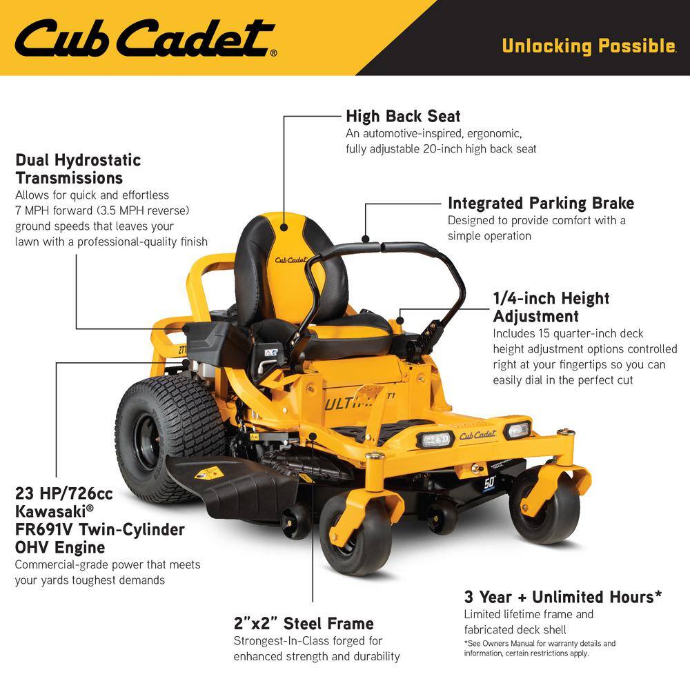 Cub Cadet Ultima ZT1 50 in. Fabricated Deck 23HP V-Twin Kawasaki FR Series Engine Dual Hydro Drive Gas Zero Turn Riding Lawn Mower Ultima ZT1-50