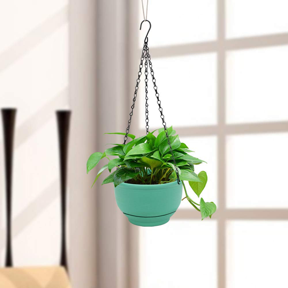 GROWNEER 2 Packs 8 Inches Plastic Hanging Planter Self Watering Basket with 6 Pcs Hooks, Hanging Flower Pot with Detachable Base for Garden Indoor Outdoor Home Decoration (Green)