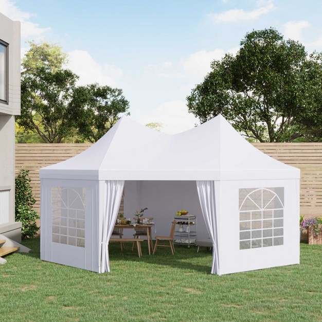 Outsunny Canopy Party Event Tent With 2 Pull back Doors Column less Event Space amp Cathedral Windows White