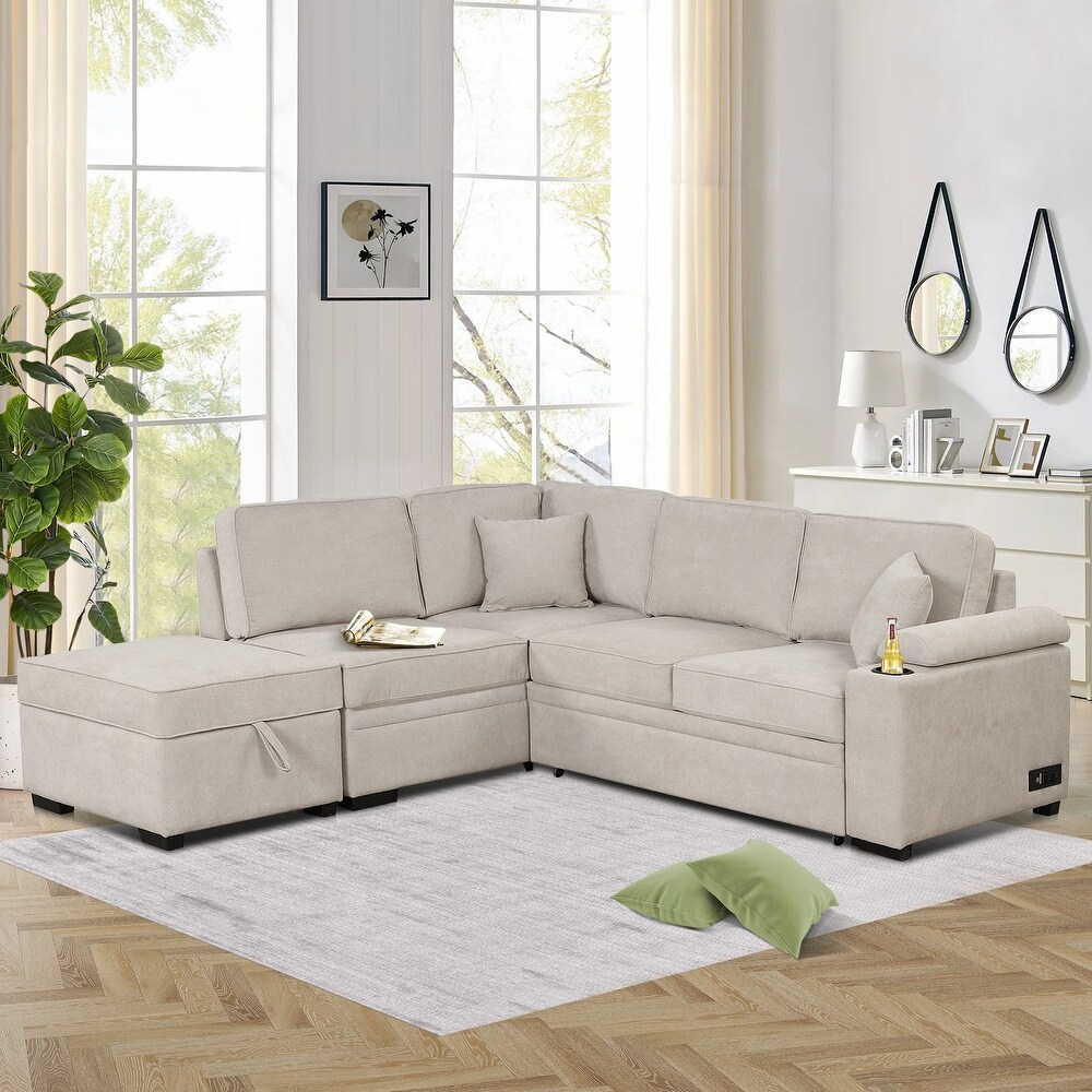 L Shape Corner Sofa Couch 2 in 1 Pull Out Sofa Bed with Storage Ottoman