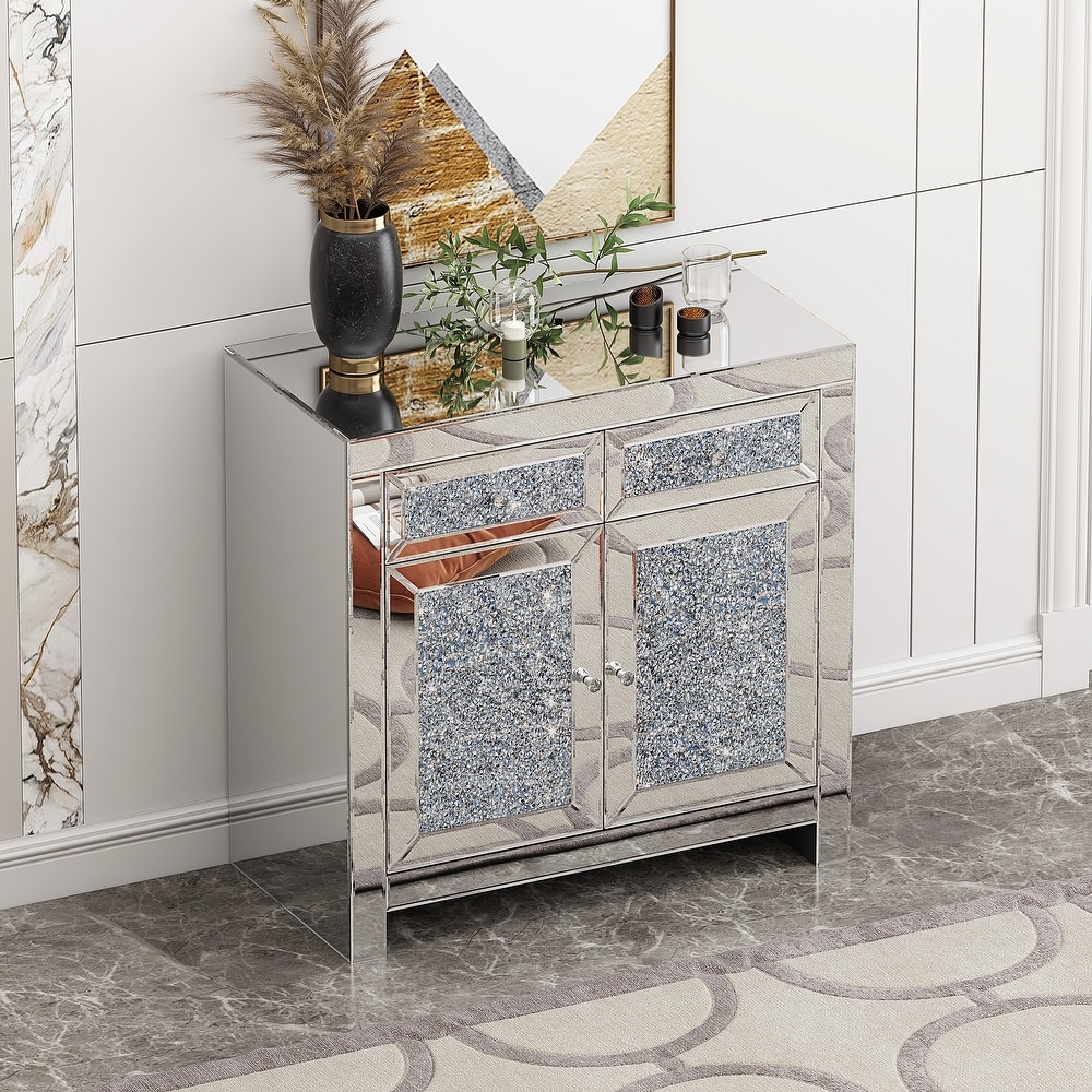 2 Door Mirrored Accent Cabinet Sideboard with Crushed Diamond