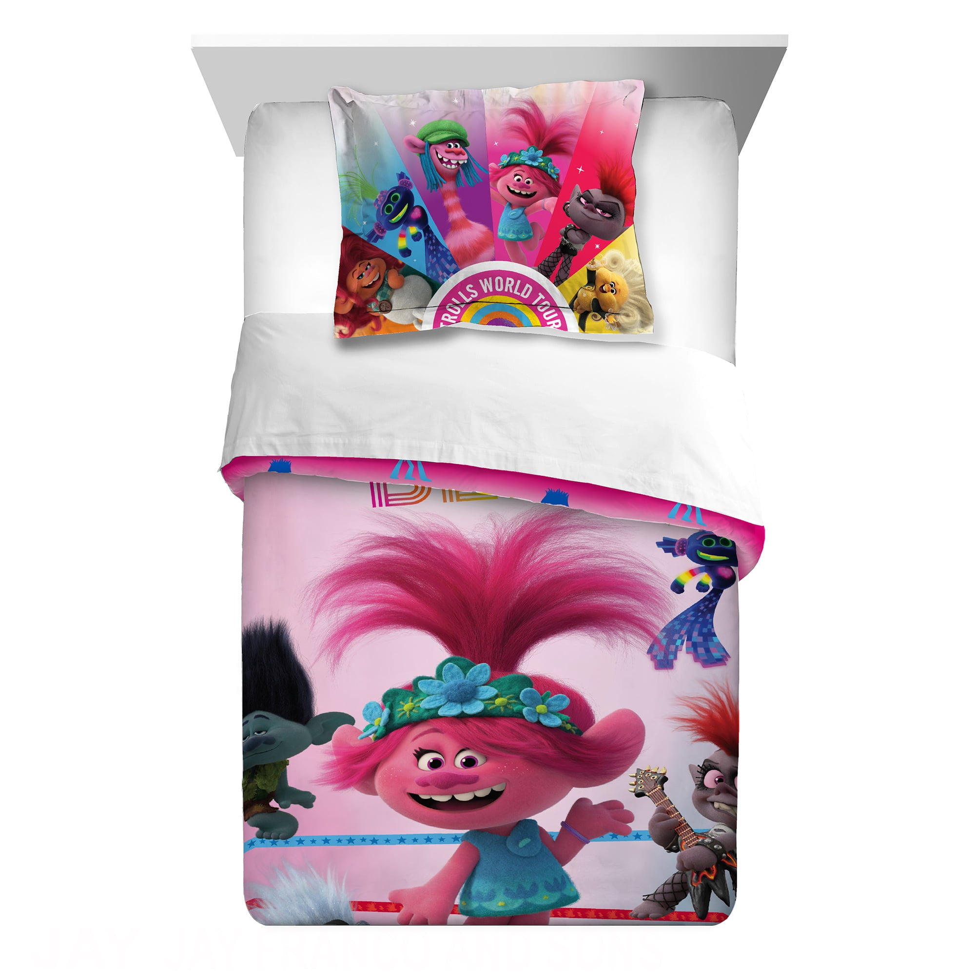 Trolls 2 Kids Comforter and Sham， 2-Piece Set， Twin/Full， Reversible， Pink， DreamWorks