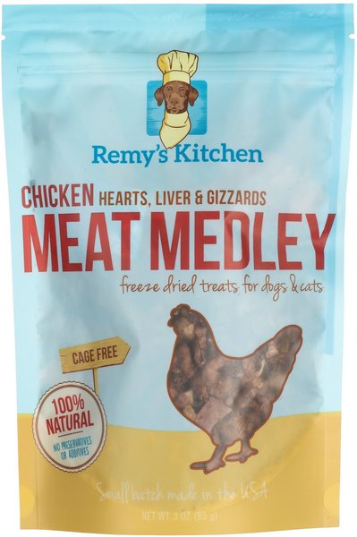 Remy's Kitchen Chicken Hearts， Liver and Gizzards Meat Medley Freeze-Dried Dog and Cat Treats， 3-oz bag