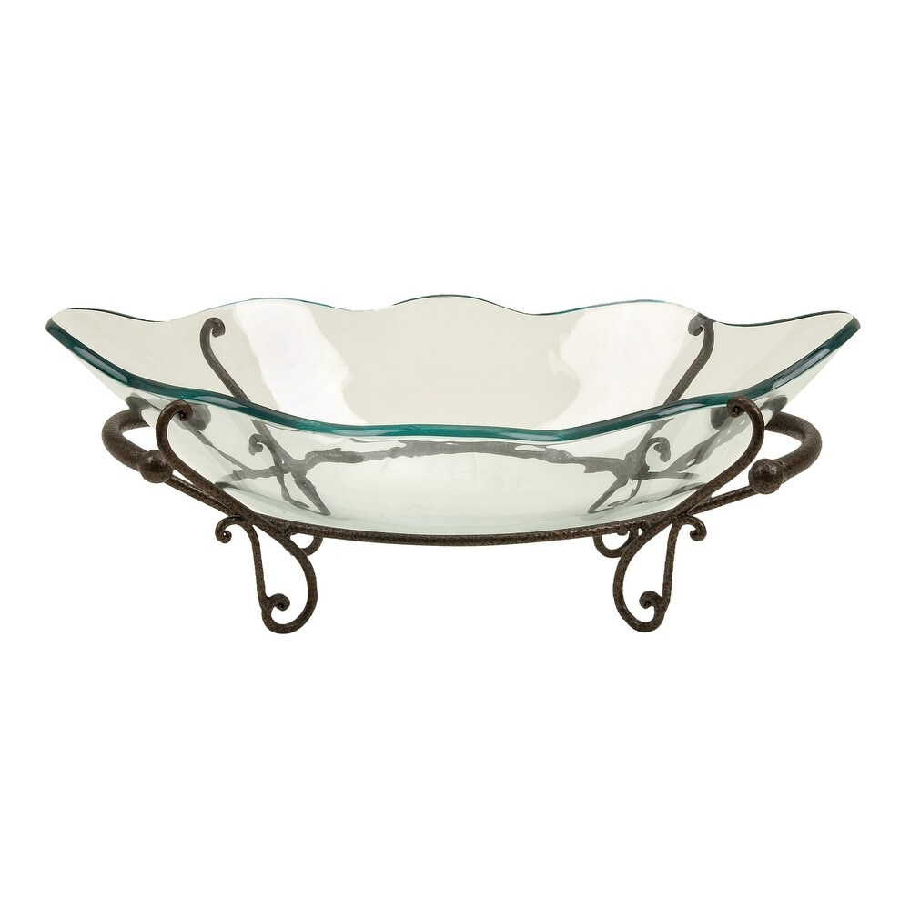 Clear Tempered Glass Kitchen Serving Bowl with Brown Metal Scroll Base