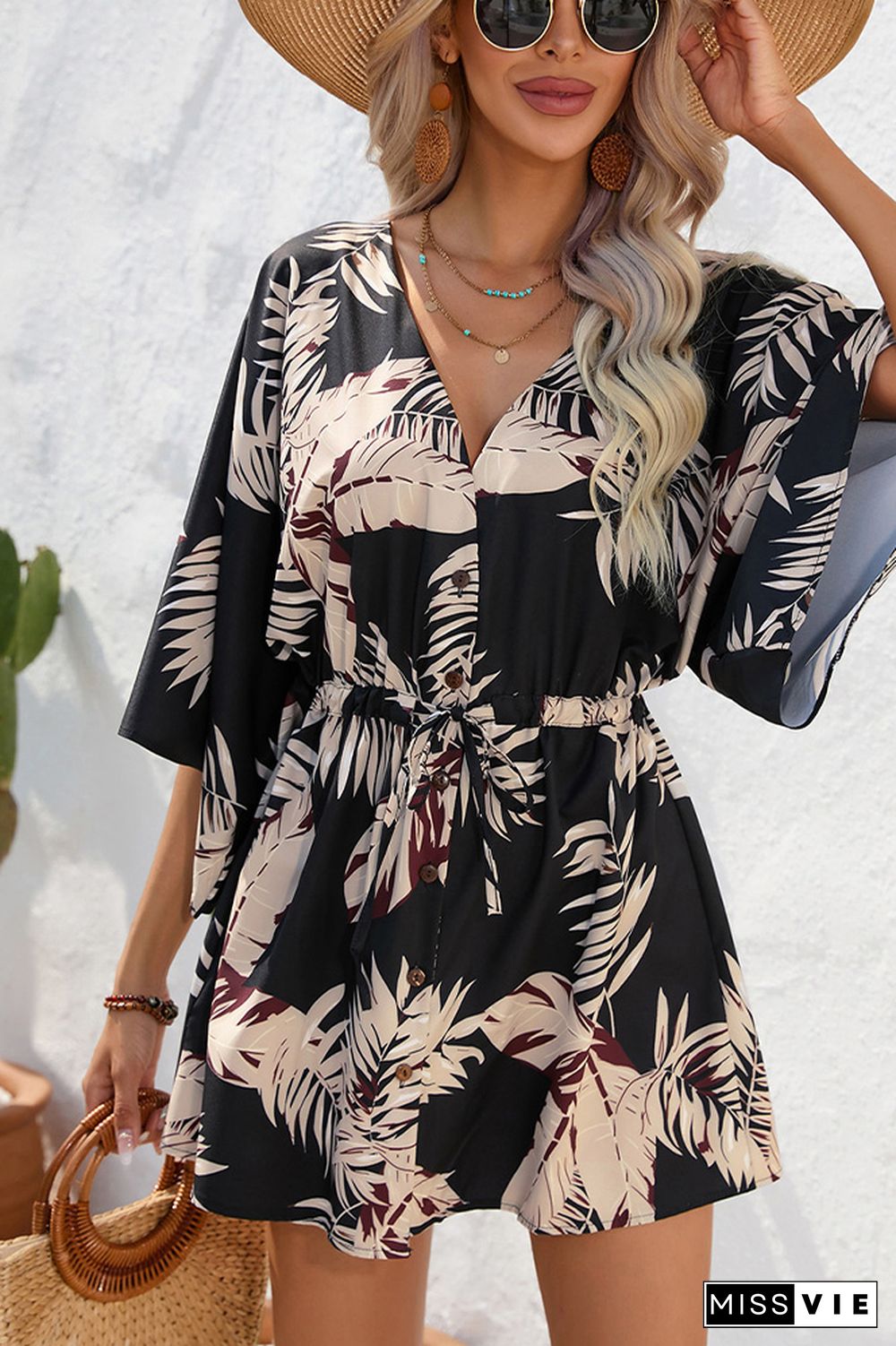 Open Button V Neck Drawstring Flare Sleeves Floral Dress