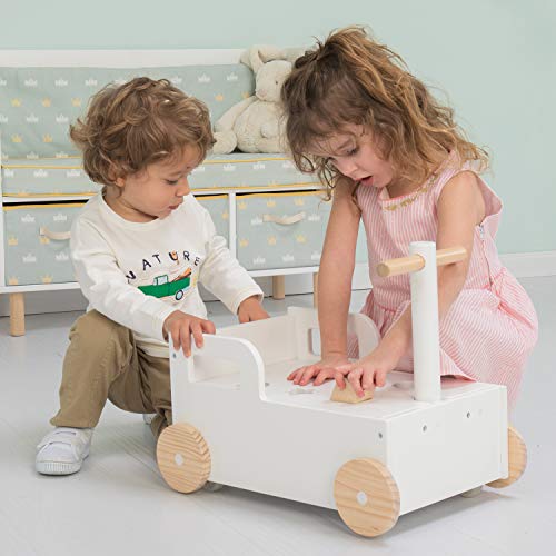 Crown Children 2-in-1 Baby Learning Walker Wooden Strollers with Blocks - Toddler Baby Push Walker Toys with Wheels for Girls Boys 1-3 Years Old, Wagon Toy walkers Sturdy Construction (Building Block)