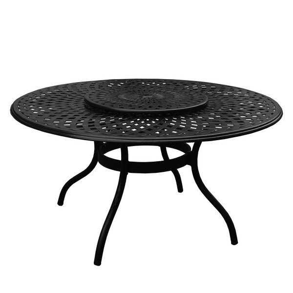 Modern Ornate Outdoor Mesh Aluminum 59in Large Round Patio Dining Set with Lazy Susan and Six Chairs