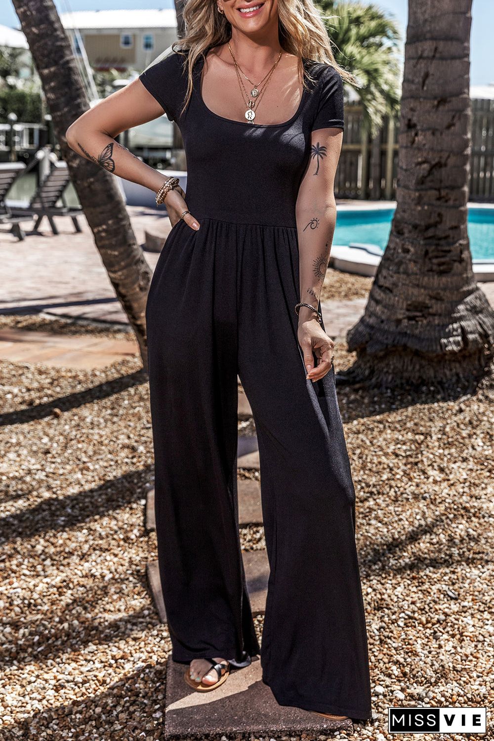 Black Pleated High Waist U Neck Short Sleeve Jumpsuit