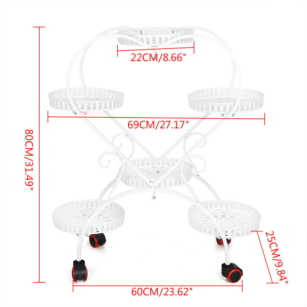 Oukaning Metal Plant Stand Heart Shape Flower 6 Pots Shelf Display Rack Garden With Wheel