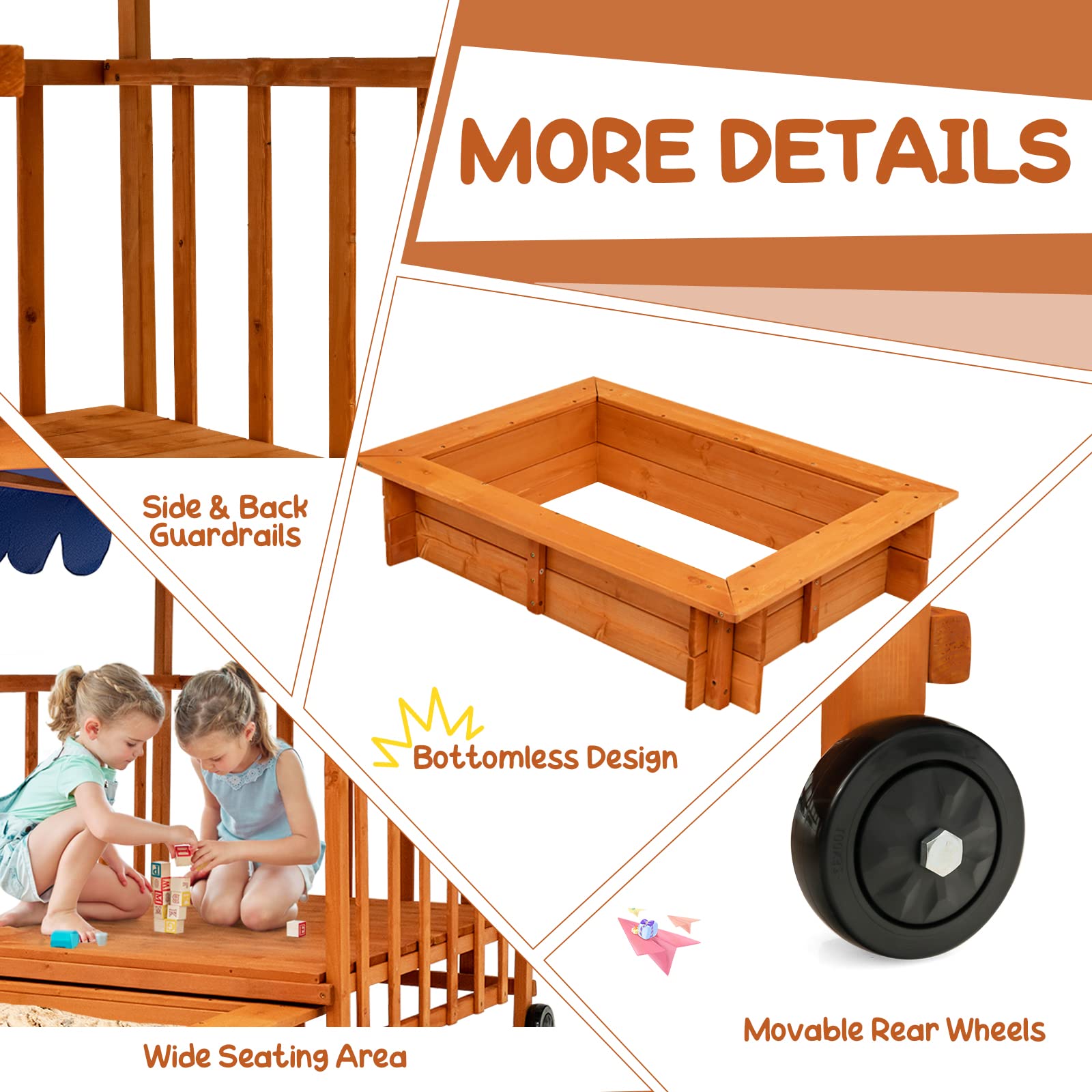 Costzon Kids Retractable Sandbox with Canopy, with Large Play Area, Rear Wheels, Guardrails, Children Outdoor Playset