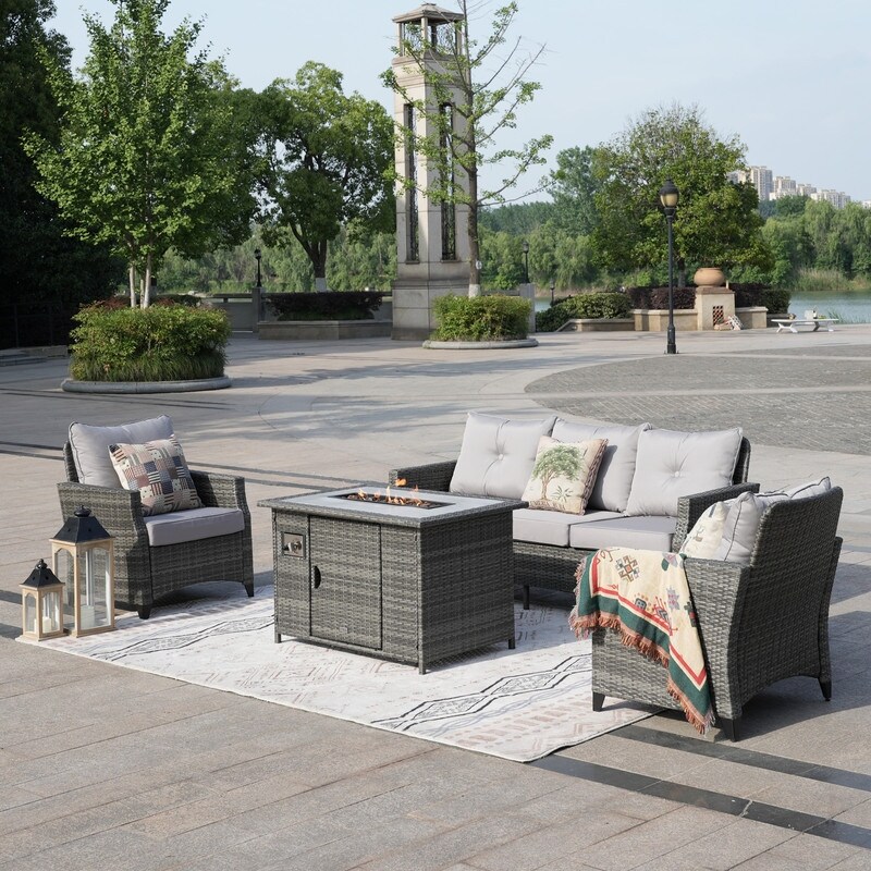 5 Piece Patio Rattan Sofa Set with Fire Pit Table