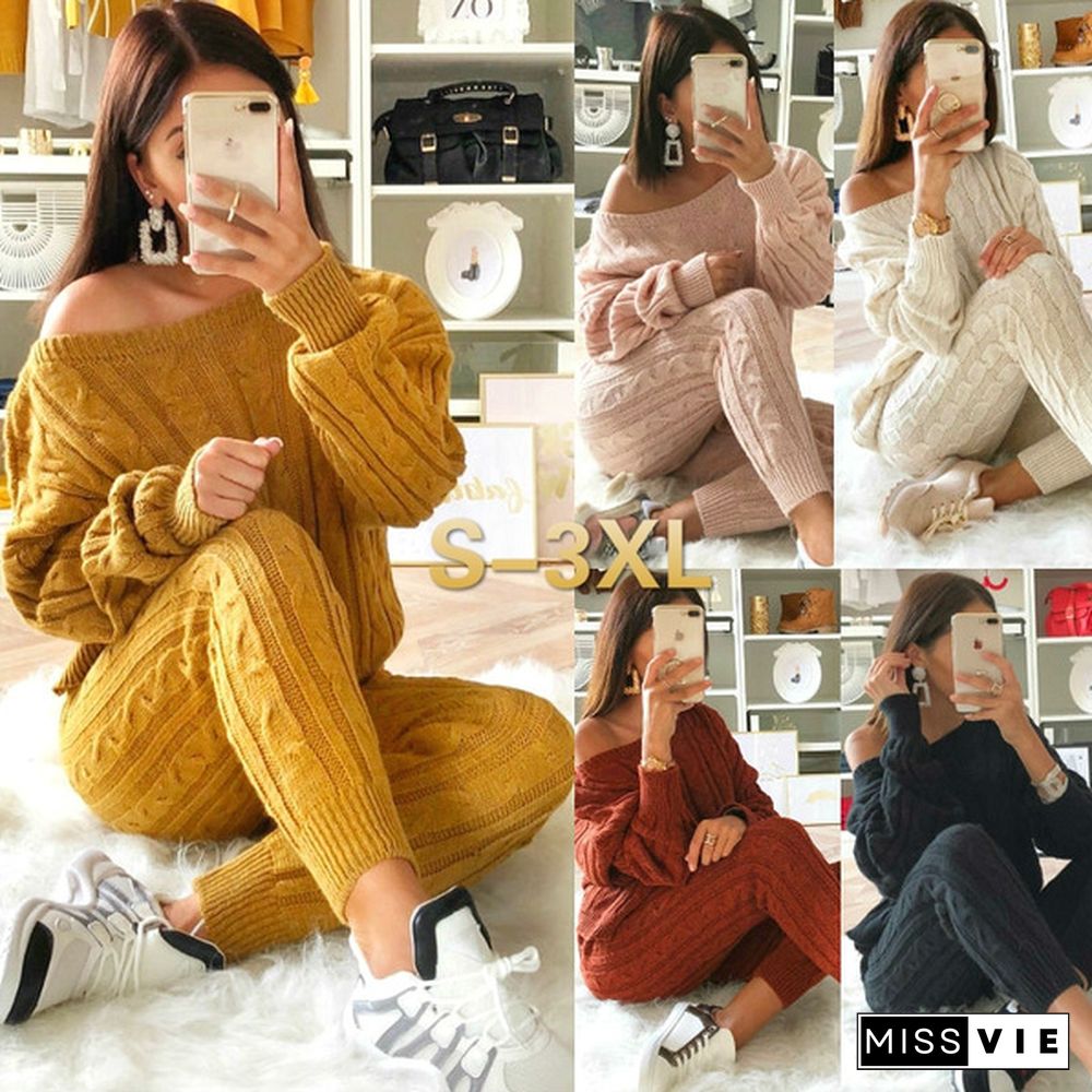 5 Colors 2Pcs Women Solid Sweater Suit And Sets Casual Knitted Sweaters Pants Woman Casual Knitted Trousers+Jumper Tops Clothing Set