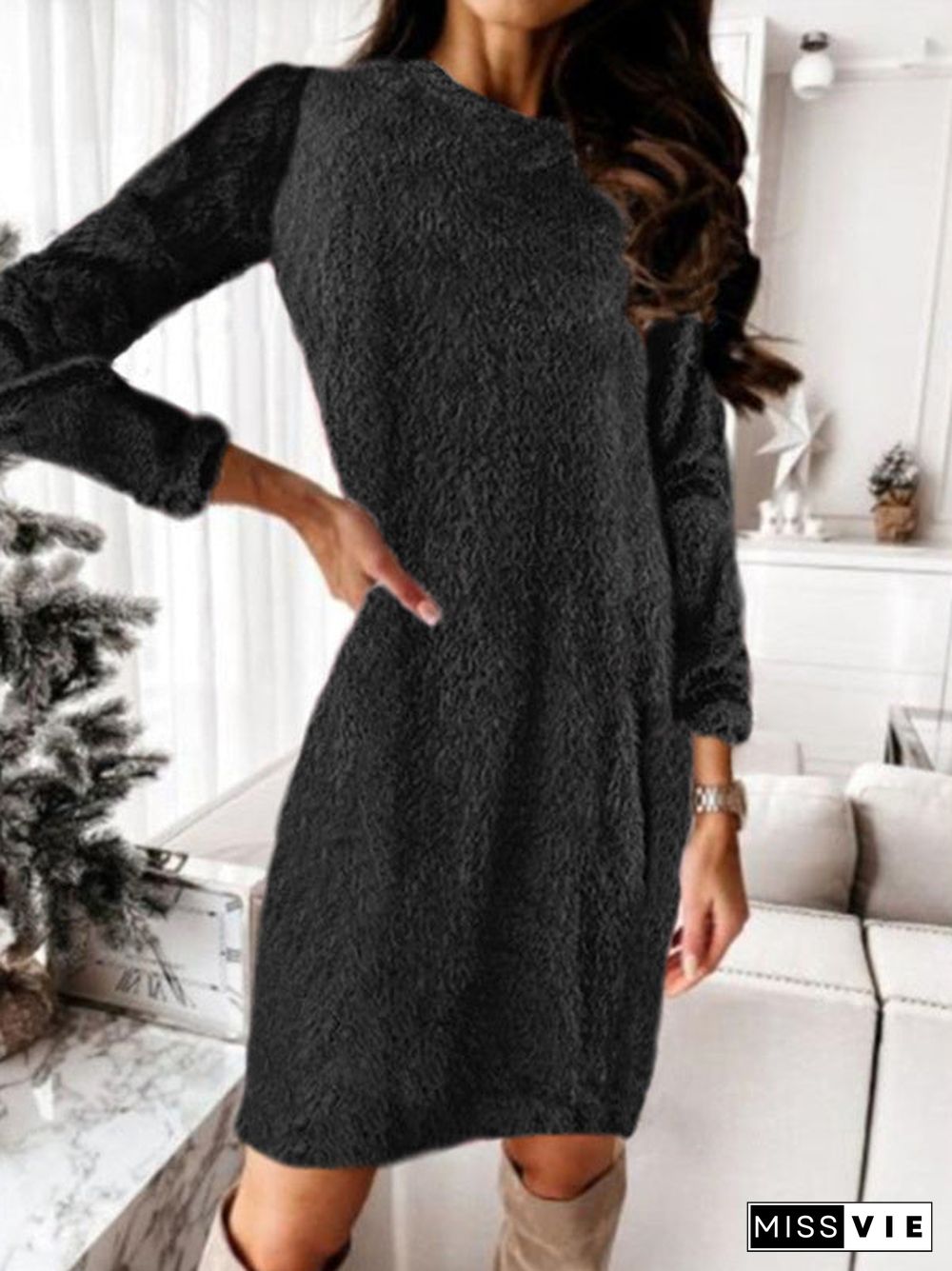 Women Seawter Long Sleeve Scoop Neck Knit Mini Dress