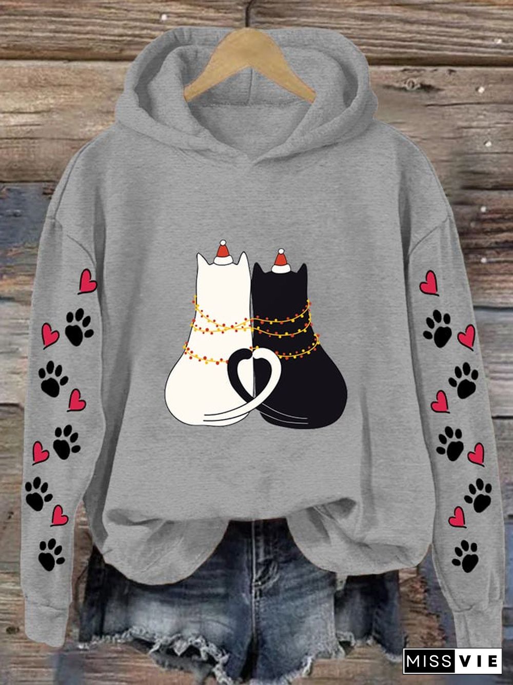 Women's Christmas Cat Love Print Casual Hooded Sweatshirt