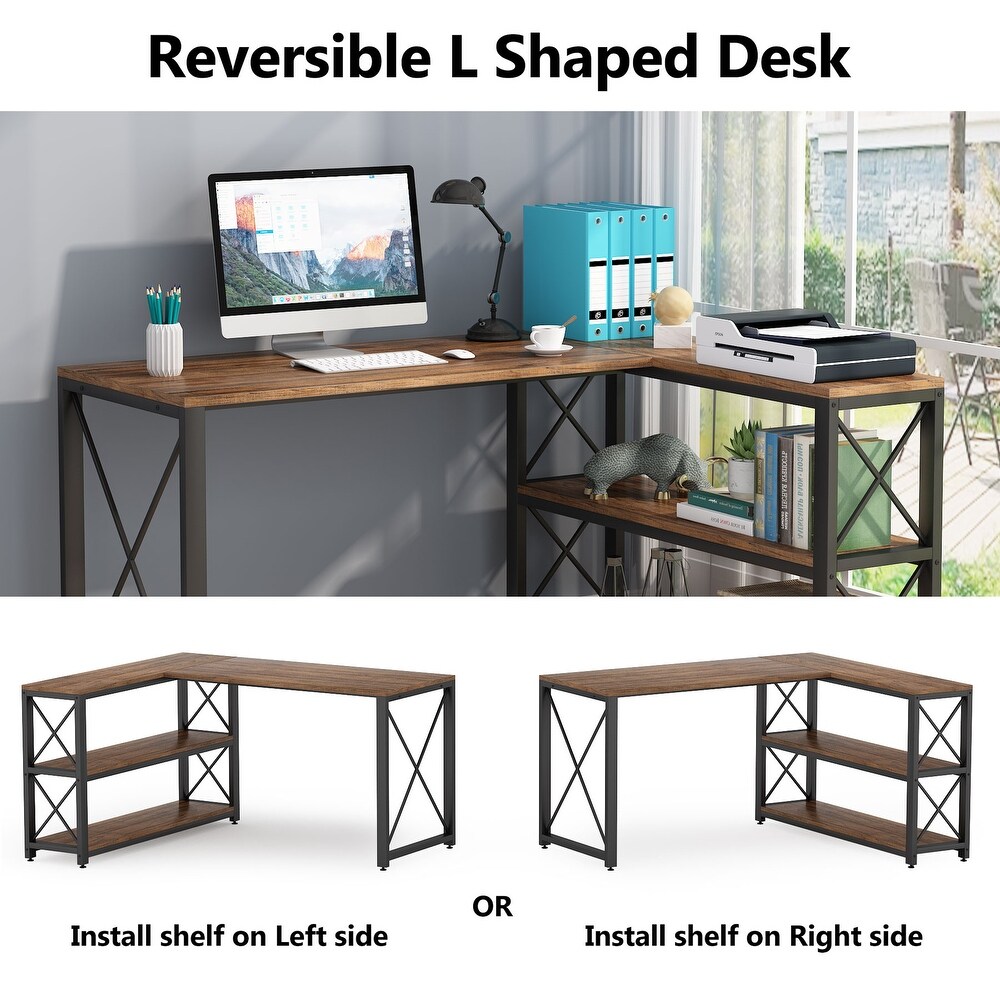 Industrial L Shaped Desk with Storage Shelves  Corner Computer Desk PC Laptop Study Table Workstation