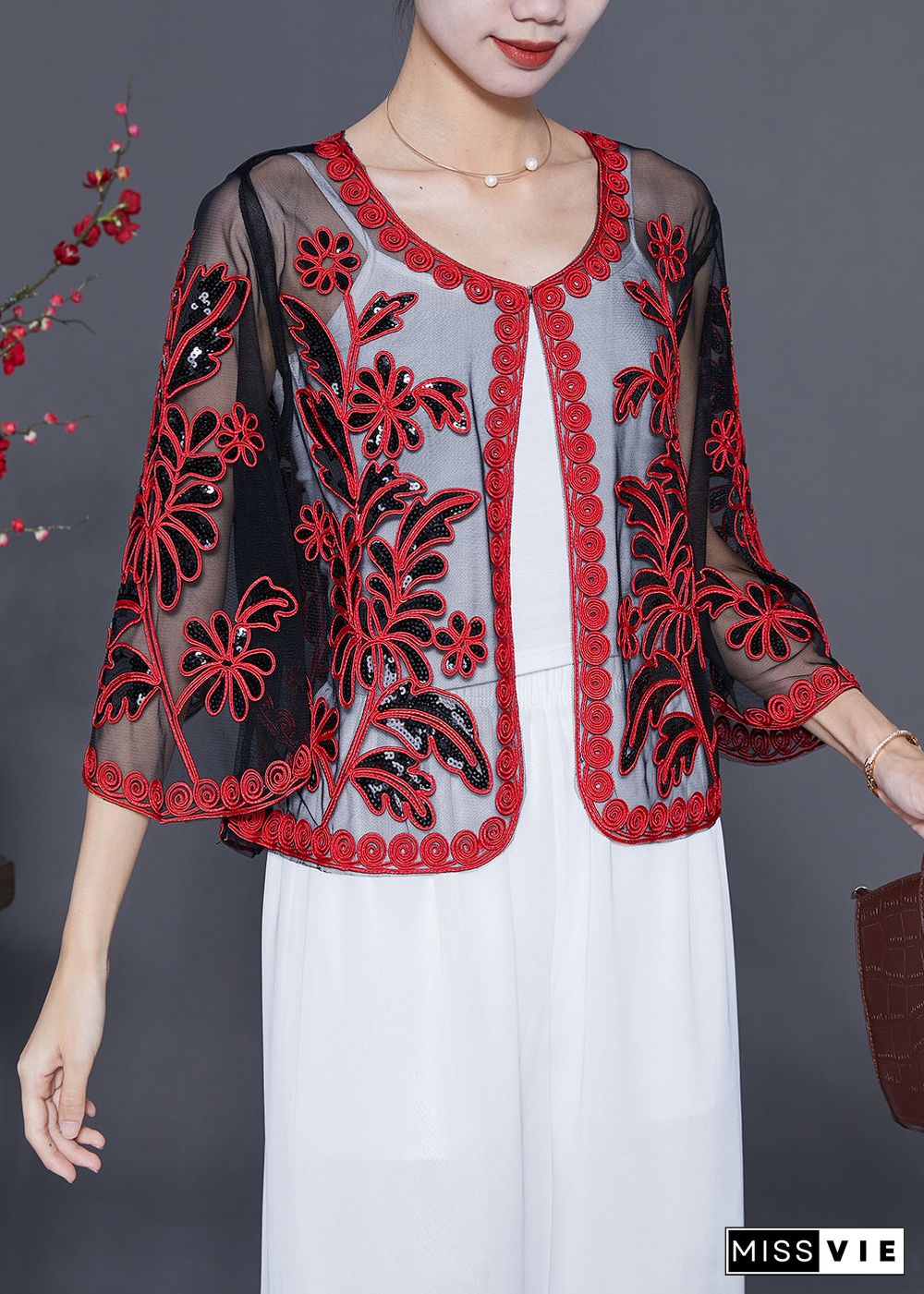 French Red Sequins Embroideried Tulle Loose Cardigan Summer