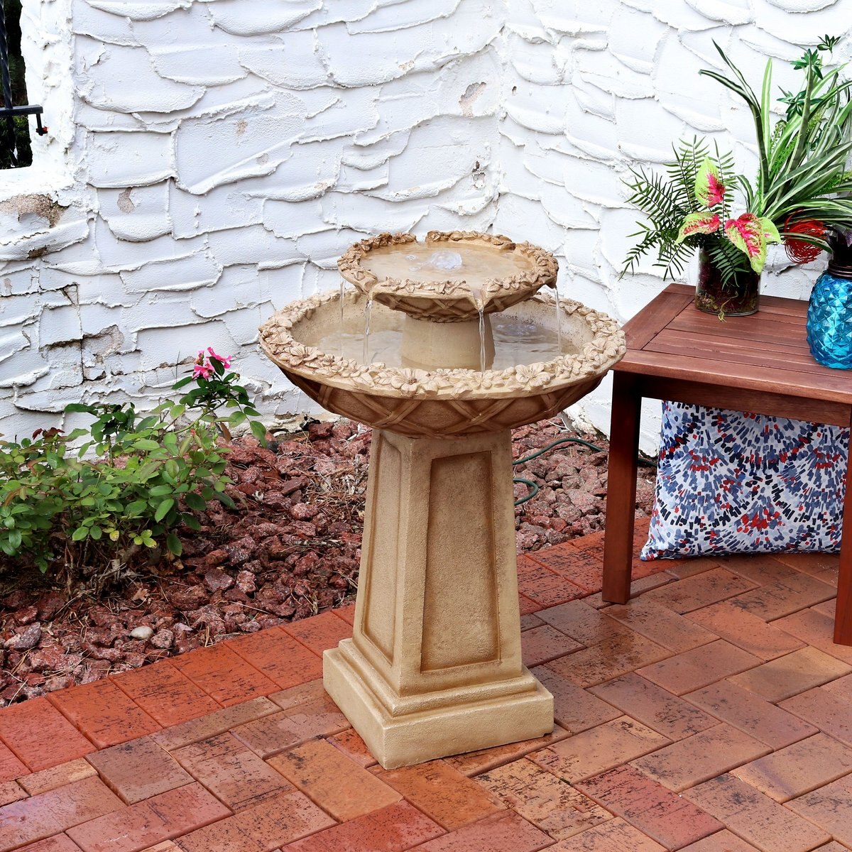 Sunnydaze Decor 2-Tier Beveled Flower Birdbath Water Fountain