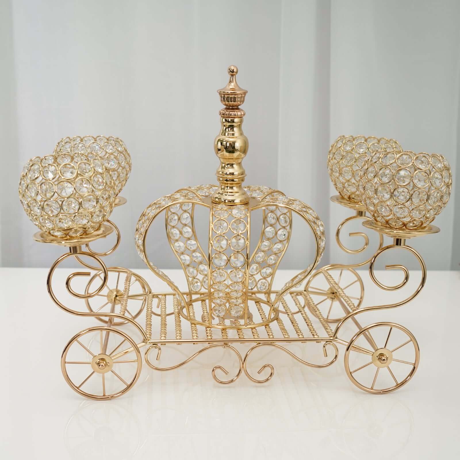 Gold Metal 4-Arm Crystal Cinderella Carriage Candle Holder Centerpiece 18