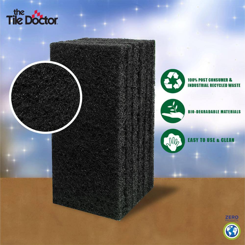 The Tile Doctor 4.5 in. x 10 in. x 1 in. Black Extra Heavy-Duty Water Based Latex Resins Maximum Scrub Power Pads (48-Pack) scrubdr48black